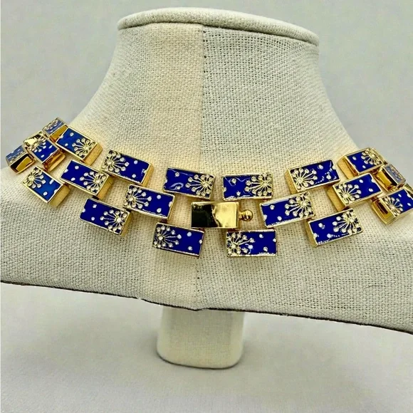 Rare Lulu Frost Signed Blue Enamel Gold Statement Necklace 17” Excellent Cond. - Picture 11 of 17
